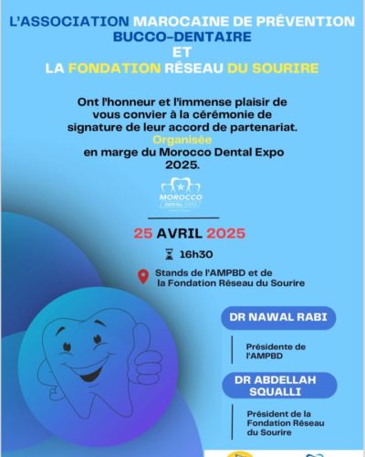 Une belle synergie au service de la santé bucco-dentaire !

Nous sommes heureux d’annoncer la signature d’un accord de partenariat entre la Fondation Réseau du Sourire et l’Association Marocaine de Prévention Bucco-Dentaire (AMPBD), en marge du Morocco Dental Expo 2025.

Ce partenariat ambitieux et porteur de sens a pour objectif de renforcer les actions de prévention et de promotion de la santé bucco-dentaire à travers tout le Royaume, en particulier auprès des populations issues de milieux socio-économiques défavorisés.

En unissant nos forces et nos expertises, nous aspirons à développer de nouveaux cabinets de médecine dentaire intégrés dans des centres sociaux au Maroc, et pourquoi pas au-delà de nos frontières, afin de garantir un meilleur accès aux soins et à la prévention pour celles et ceux qui en ont le plus besoin.

Une collaboration qui marque le début d’une nouvelle dynamique nationale et solidaire autour de la santé bucco-dentaire !

#FondationRéseauDuSourire #ampbd #PréventionBuccoDentaire #Solidarité #SantéPourTous #MoroccoDentalExpo2025 #moroccodentalexpo2025